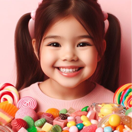 お菓子に囲まれた笑顔の小さな女の子の画像