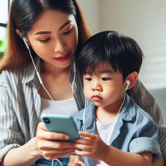 イヤホンをしながら母と子がスマホで音楽を楽しむ姿